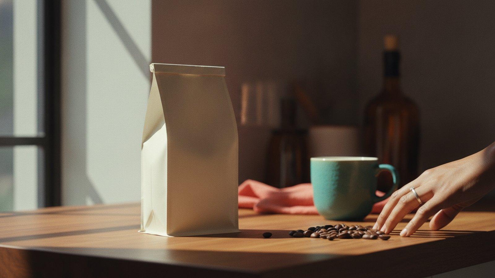 A plain unbranded cream coffee bag and a scatter of whole beans on a warm wooden counter, a teal mug alongside