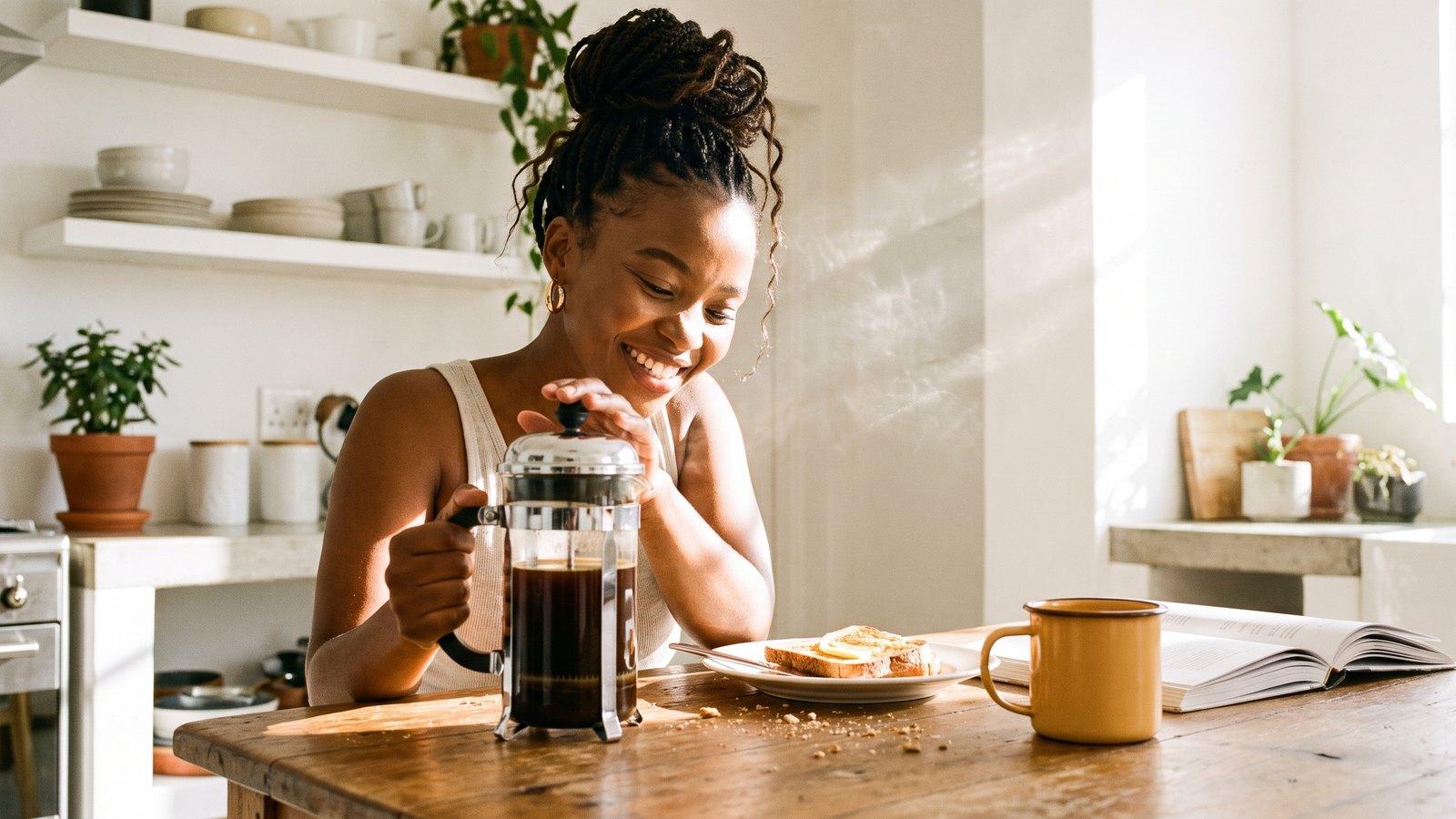 A young South African woman pressing a glass coffee plunger at a sunlit kitchen breakfast table, amber enamel mug and buttered toast alongside