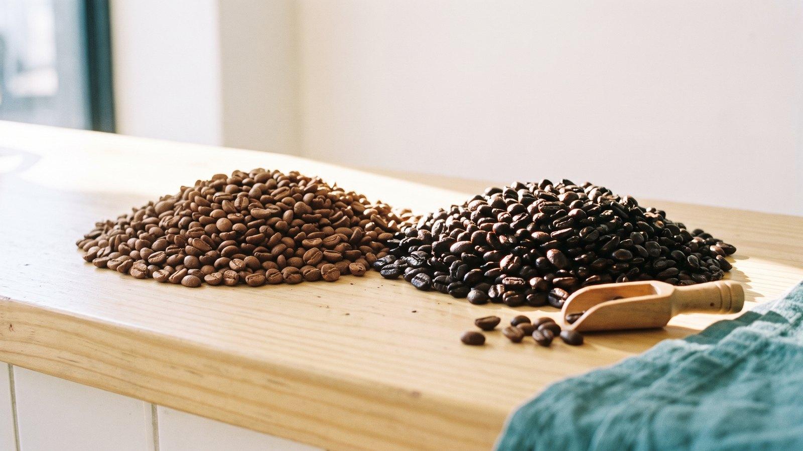 Two piles of roasted coffee beans side by side on a sunlit wooden counter — pale matte light roast on the left, dark oily roast on the right, with a wooden scoop and a teal linen cloth alongside