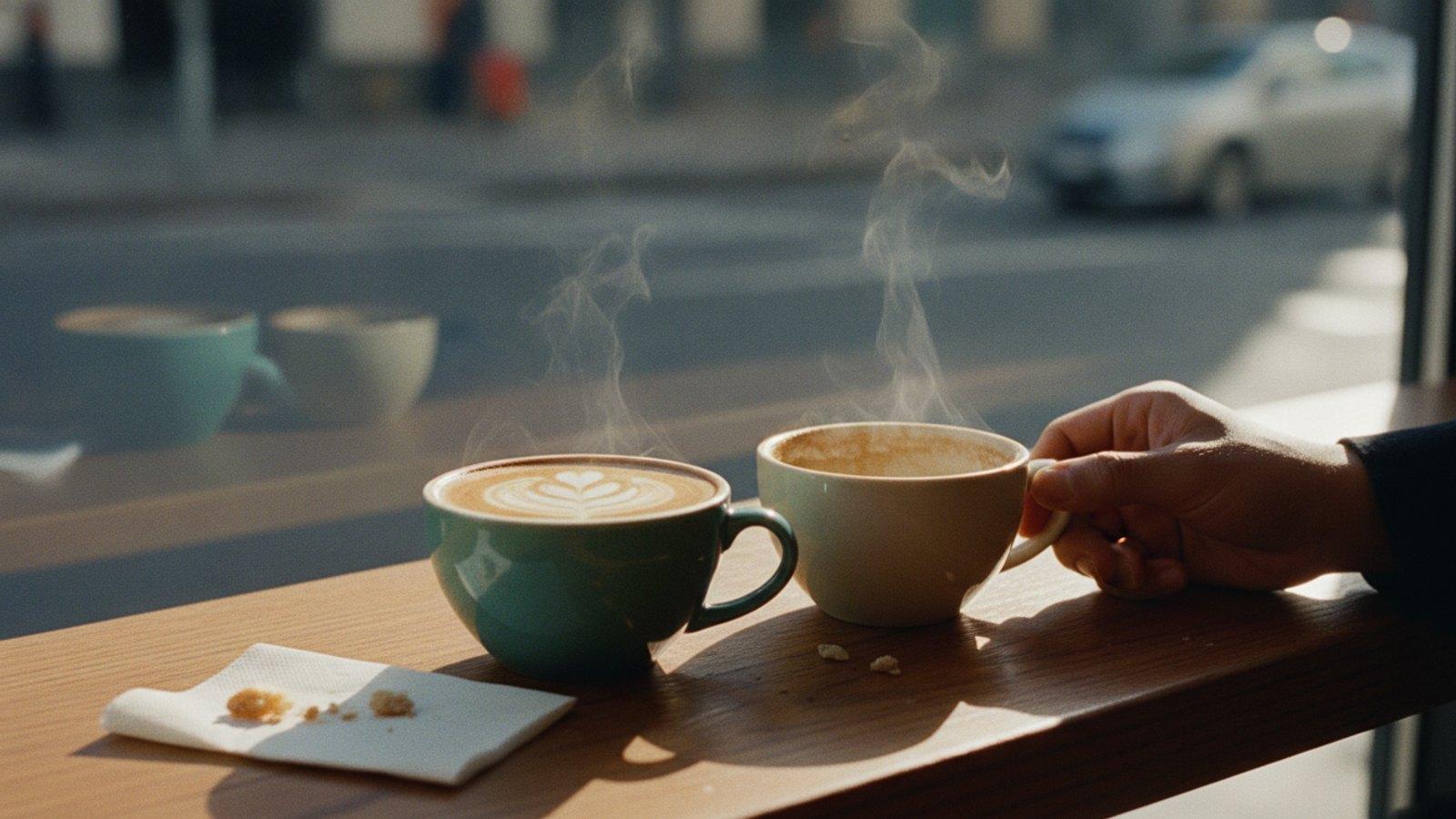 Two steaming flat whites on a wooden café window bench, one in a teal cup, with a city street blurred outside
