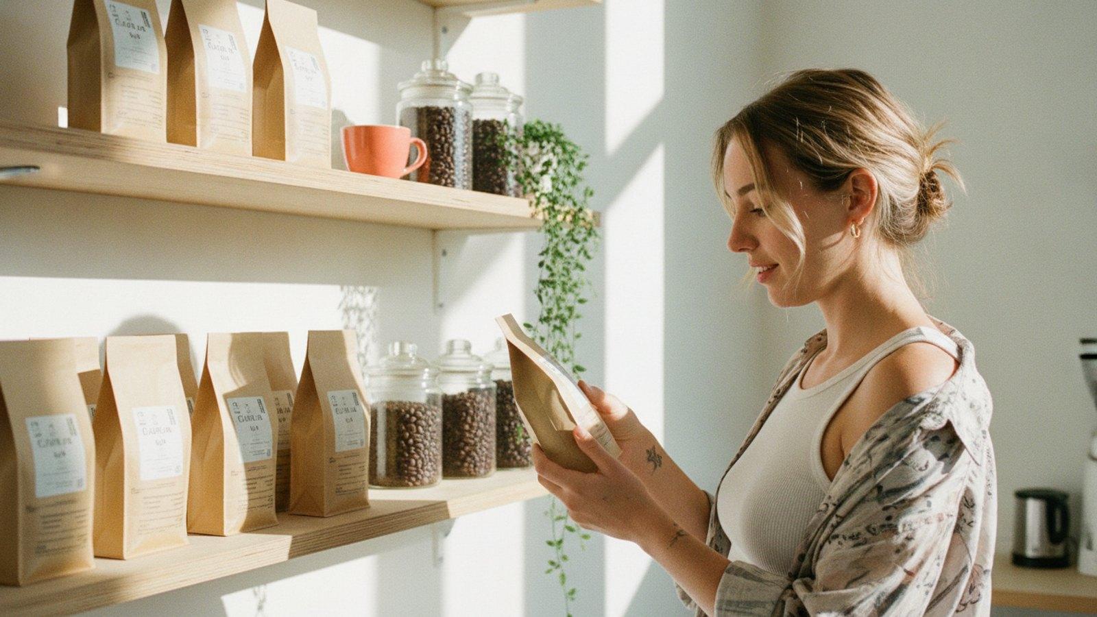 A young South African student reading the back of a kraft coffee bag at a bright, sunlit roastery shelf lined with coffee bags and jars of beans