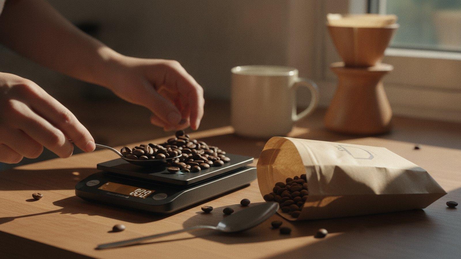 Whole coffee beans being spooned onto a small digital kitchen scale on a wooden counter, an open kraft bag of beans spilling alongside