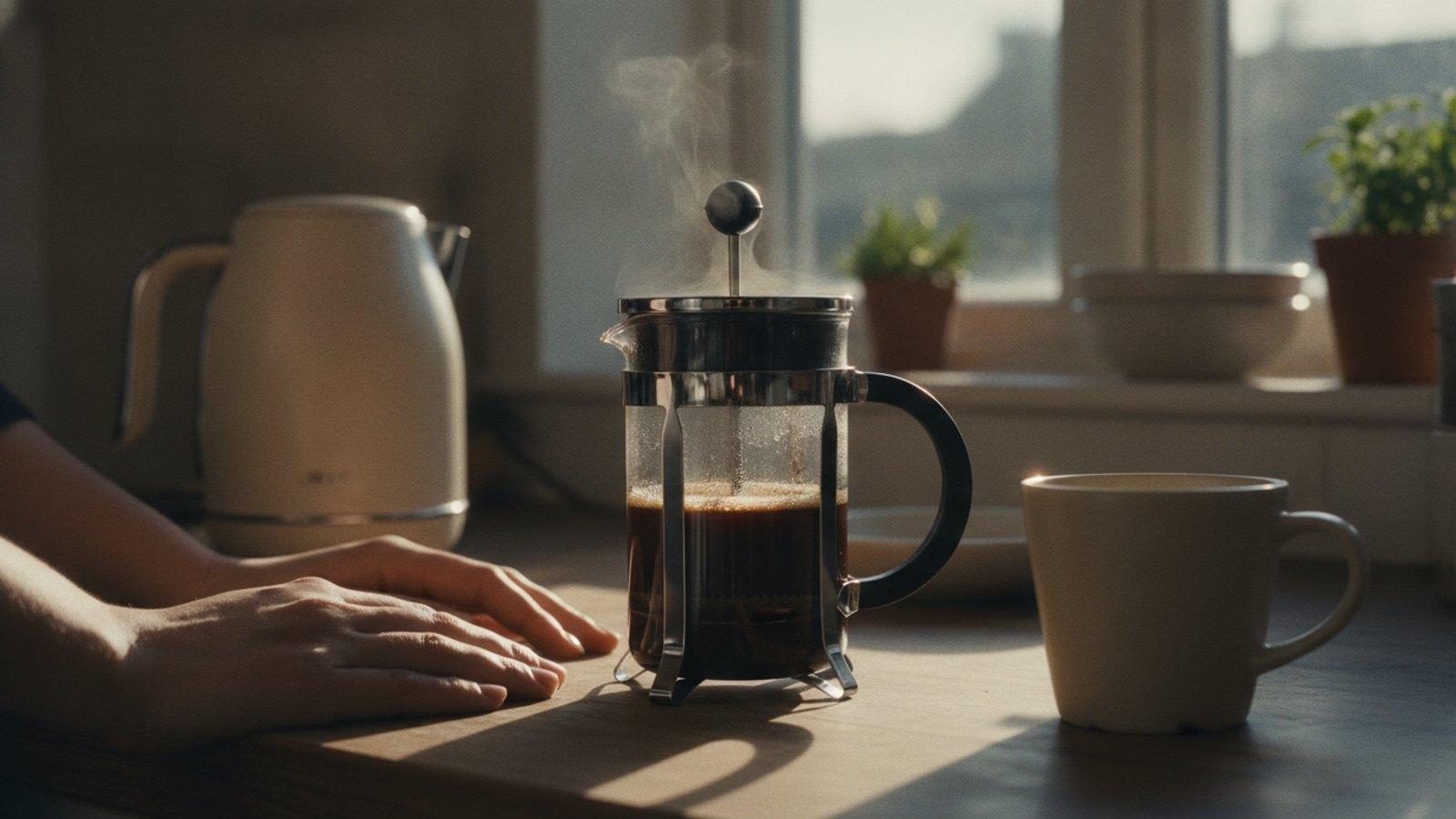 A glass coffee plunger mid-steep on a kitchen counter, steam rising, with a kettle and empty mug waiting alongside