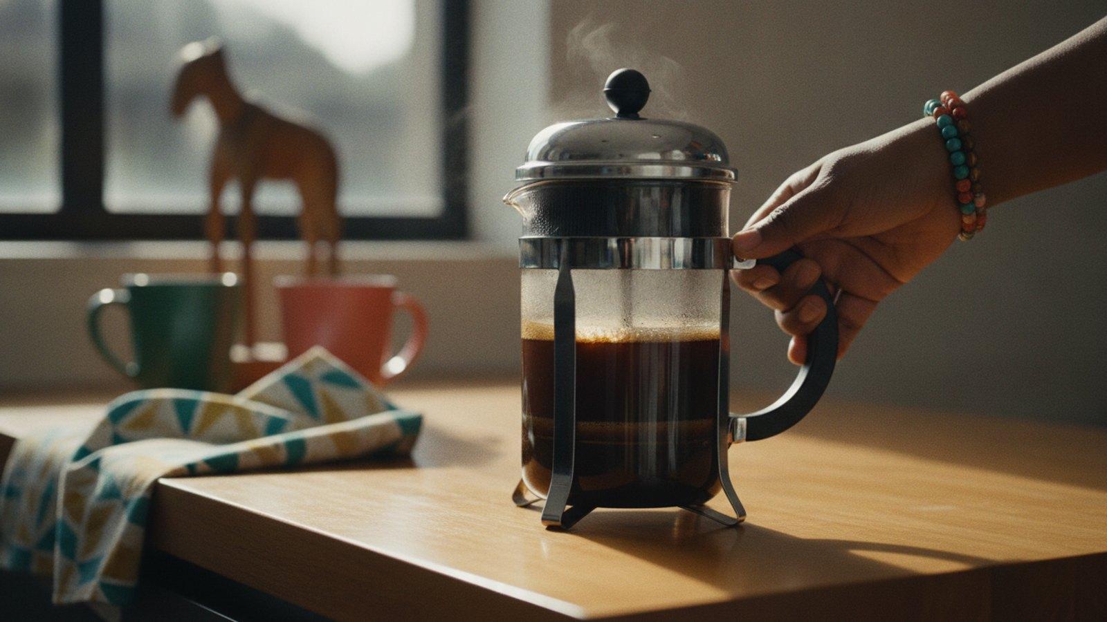 A glass coffee plunger of freshly brewed coffee on a kitchen counter, a hand on the handle ready to press