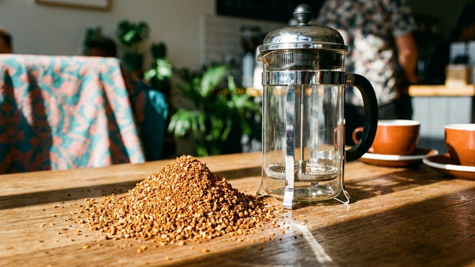 A pile of coarse-ground coffee on a wooden board beside a classic glass French press