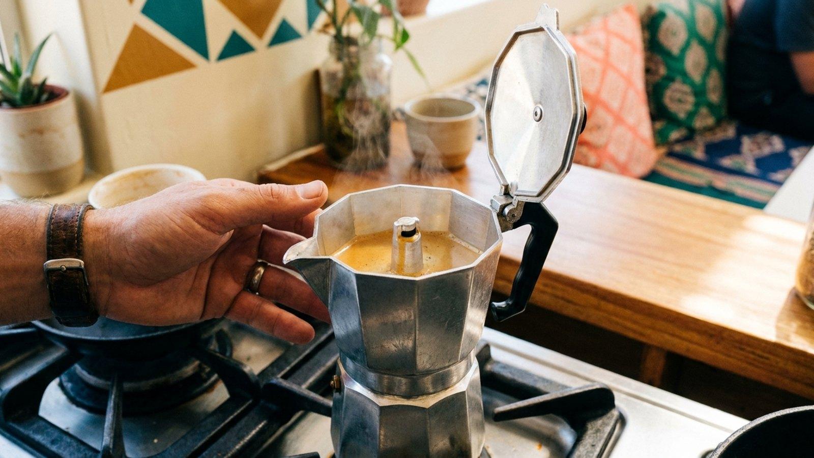 A moka pot brewing on a hob with the lid open, coffee risen into the top chamber