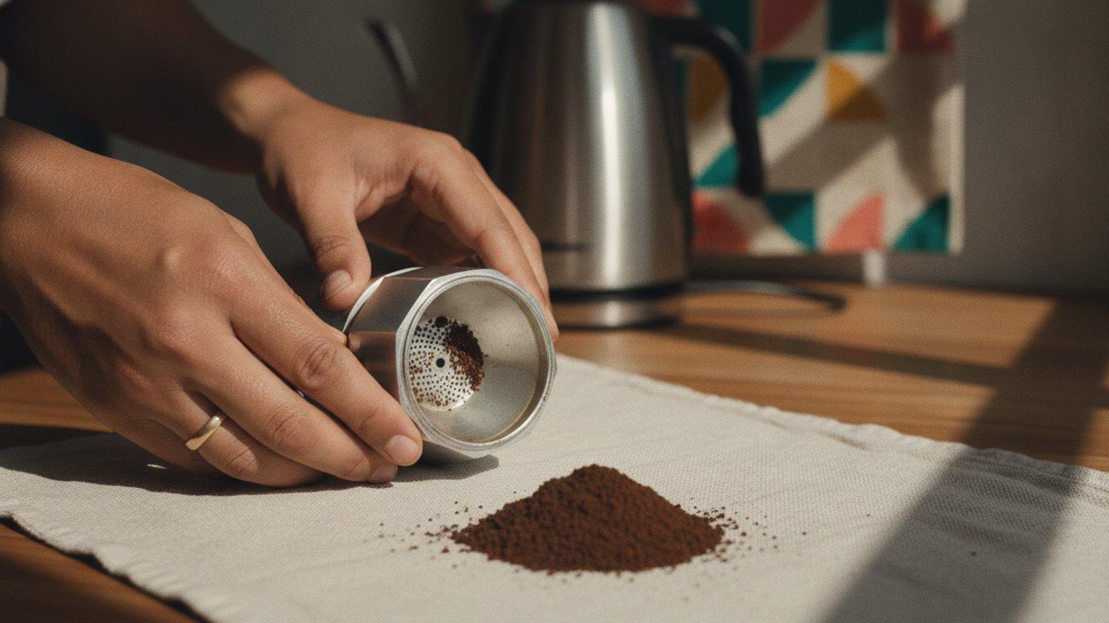 A hand tipping medium-fine ground coffee from a moka pot basket onto a cloth