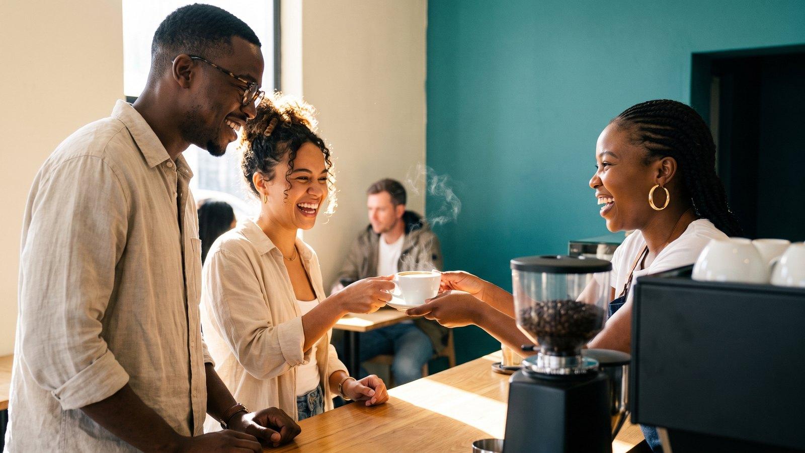 A barista handing a flat white across the counter to two laughing customers in a sunlit modern South African café, steam rising from the cup, teal feature wall behind them