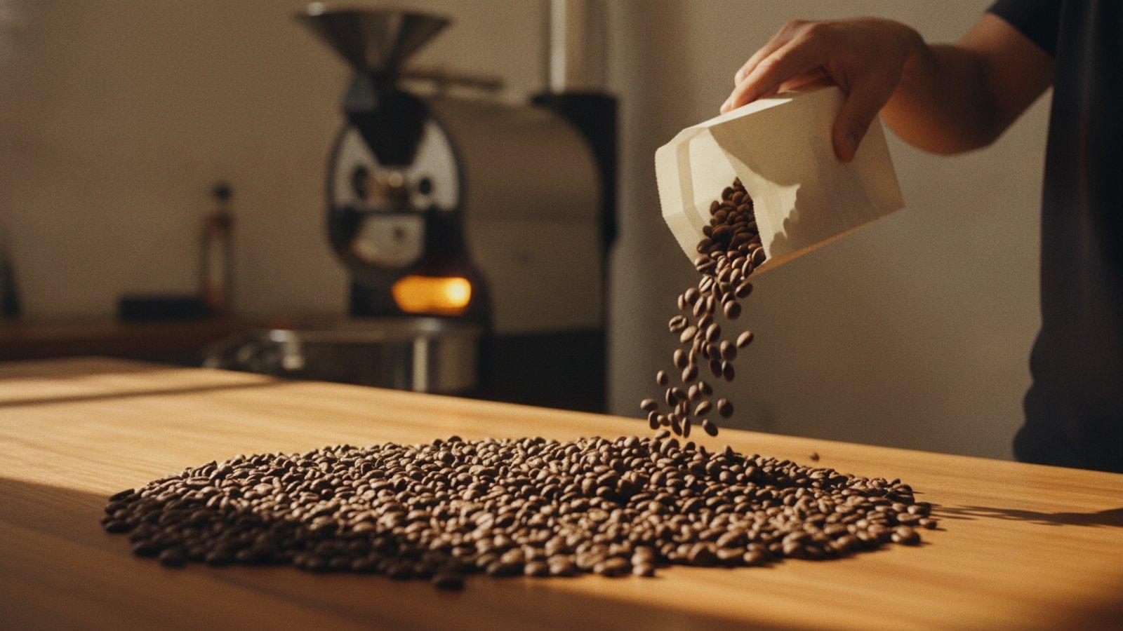 Freshly roasted coffee beans pouring from a cream paper bag onto a wooden roastery counter, with a small-batch roaster in the background